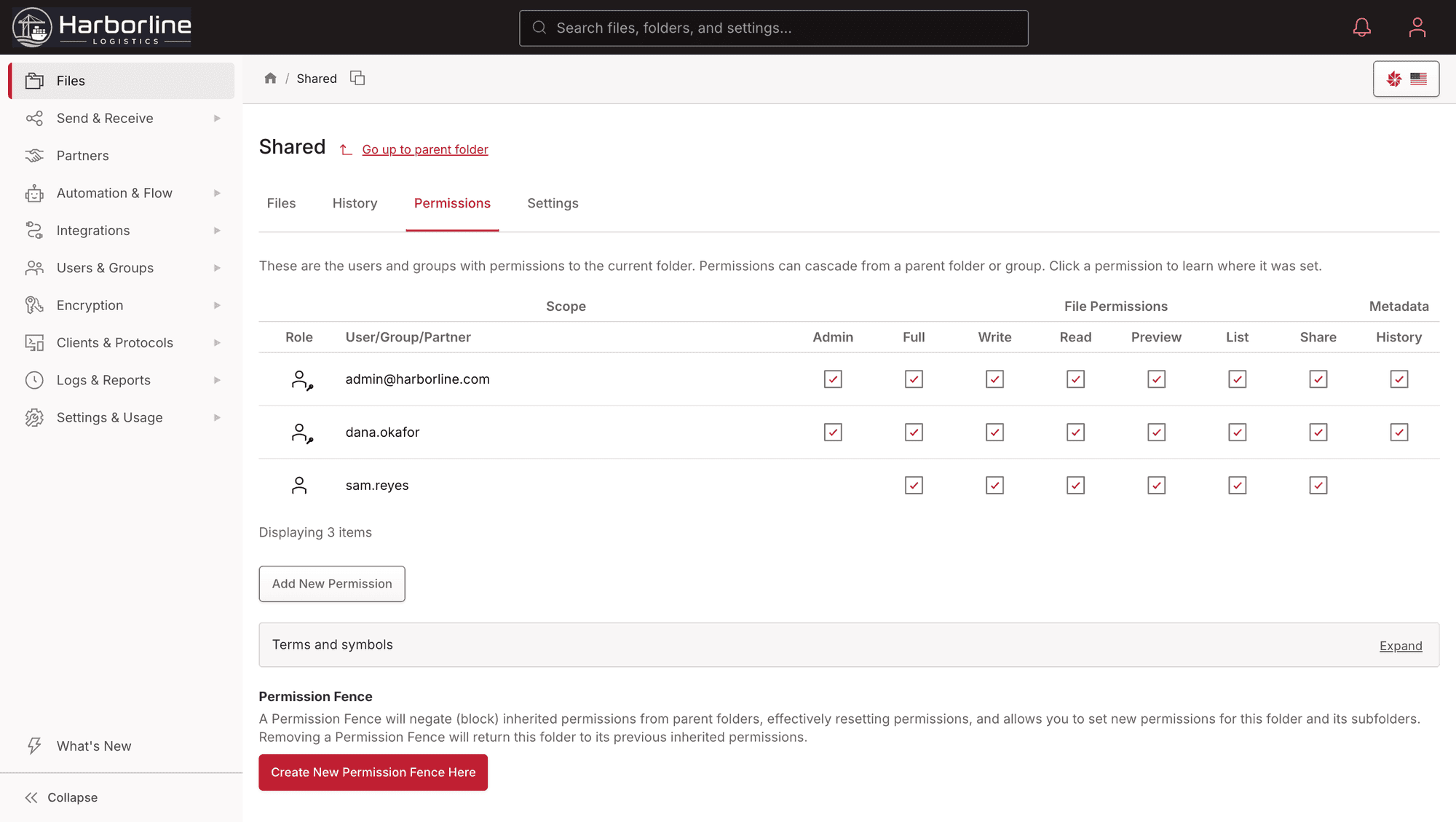 The Files.com folder permissions panel: per-user and per-group access grants across nine permission levels on a folder tree