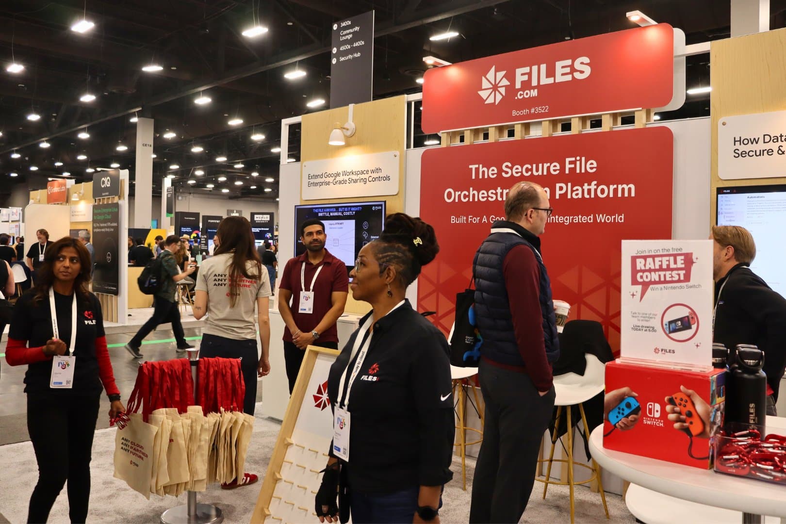 The Files.com booth at Google Cloud Next, with The Secure File Orchestration Platform and Extend Google Workspace with Enterprise-Grade Sharing Controls