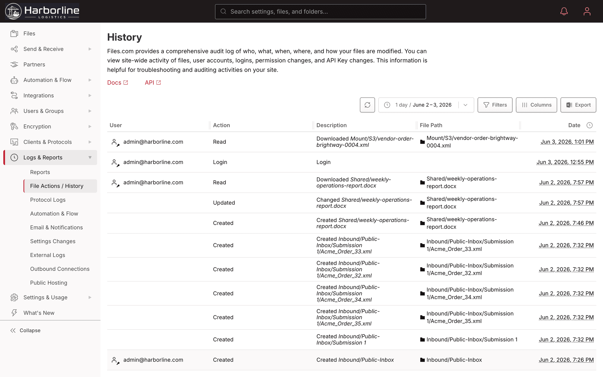 The Files.com activity log: a searchable, time-stamped record of every file action, login, and change