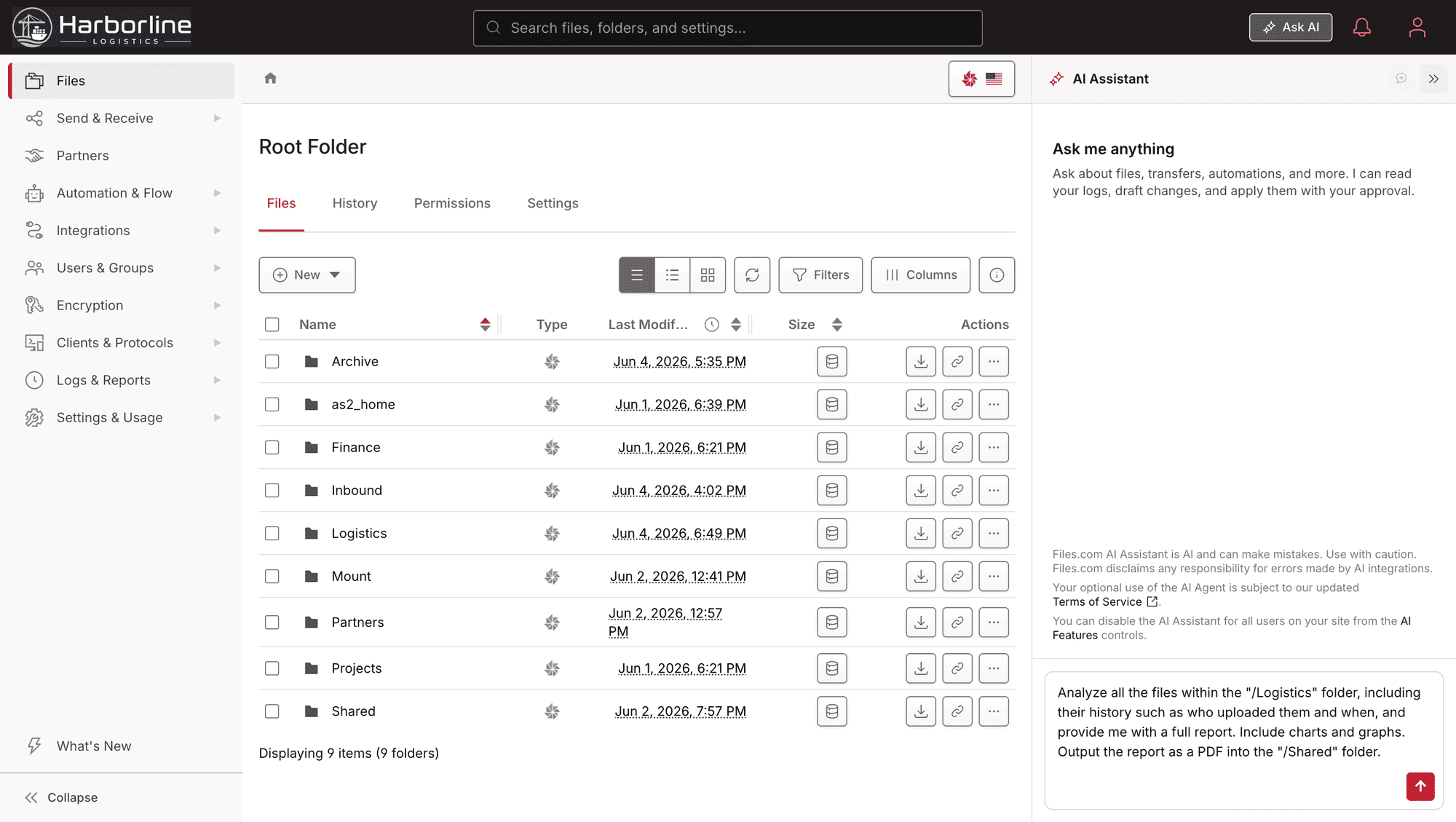 The Files.com built-in AI Assistant: a plain-language chat panel that runs site operations under the signed-in user's permissions