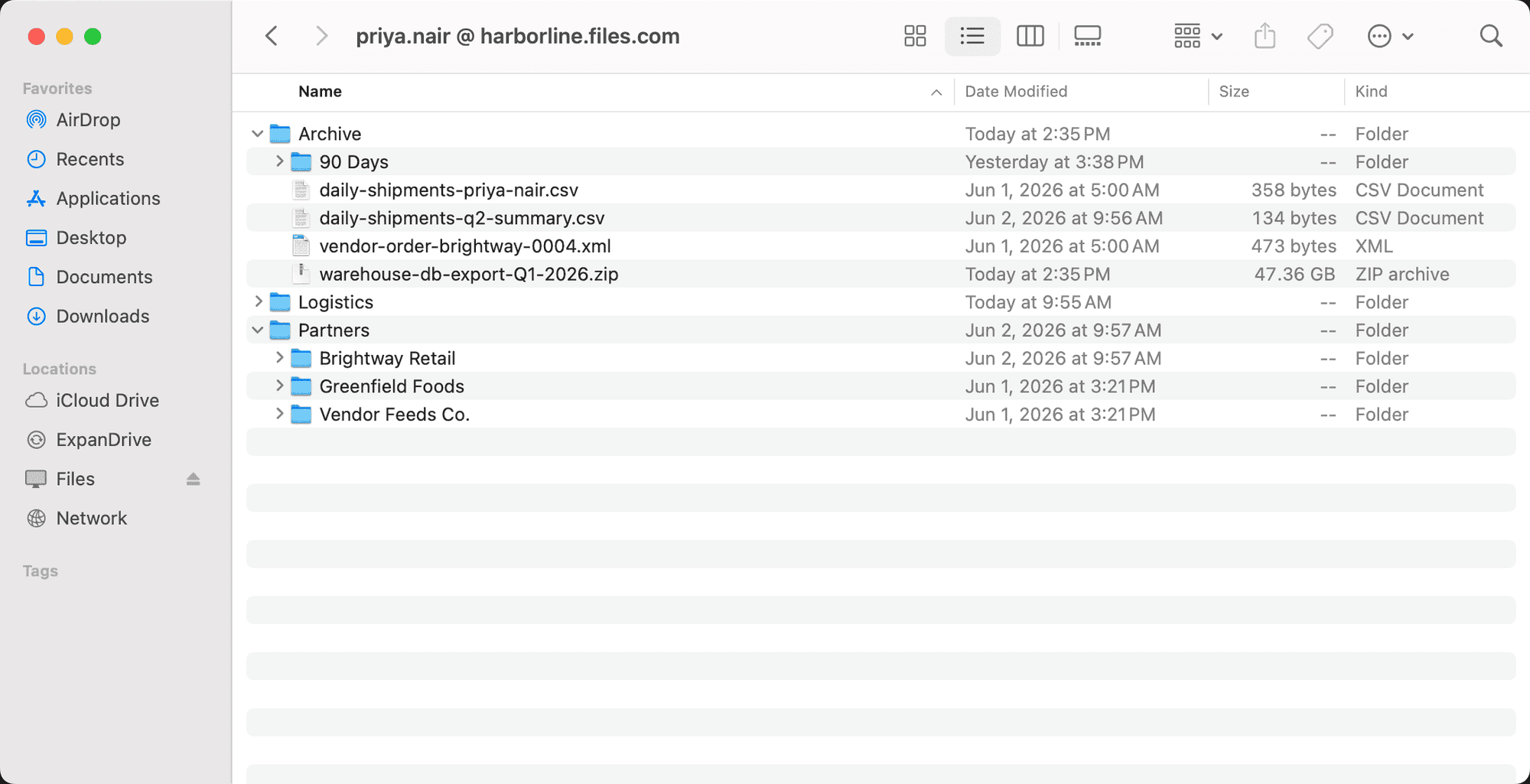 Files.com mounted as a drive in macOS Finder, with cloud folders and files sitting next to local Favorites and Locations