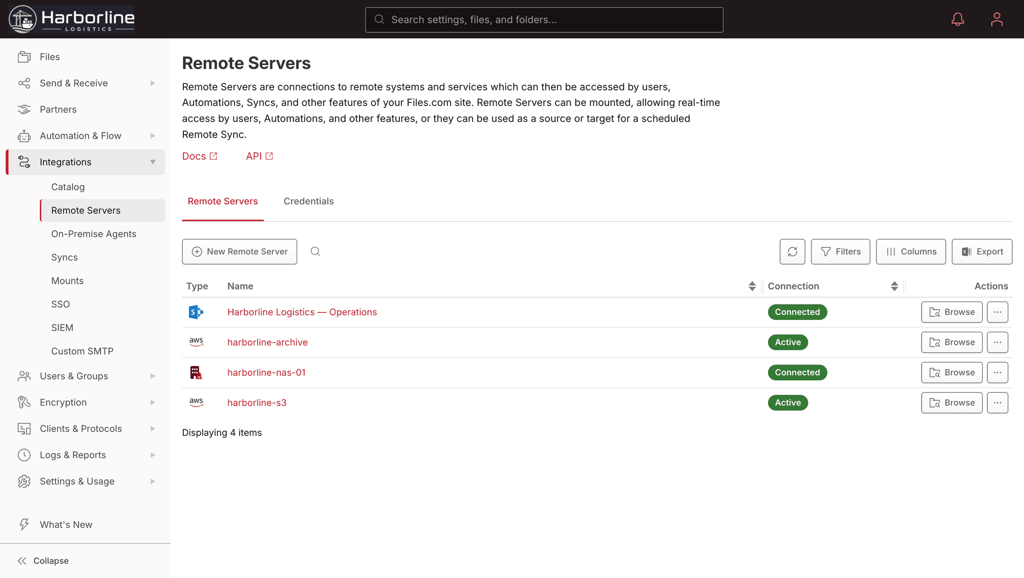 The Files.com remote servers list: connected S3, Azure Blob, SharePoint, and SFTP backends presented as folders on the site, with no data migrated off them