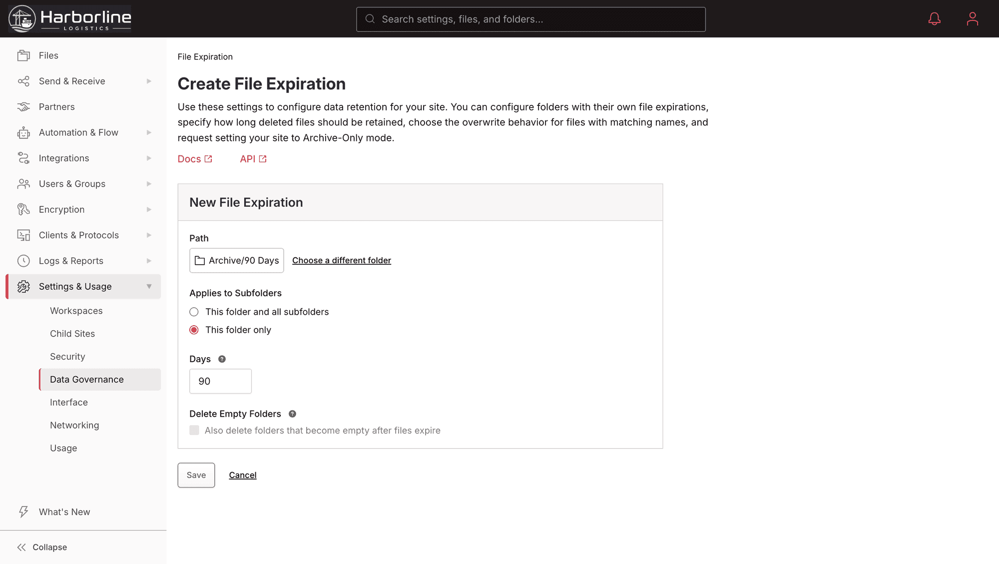 The Files.com folder retention settings: per-folder expiration, archival, version history, and overwrite rules