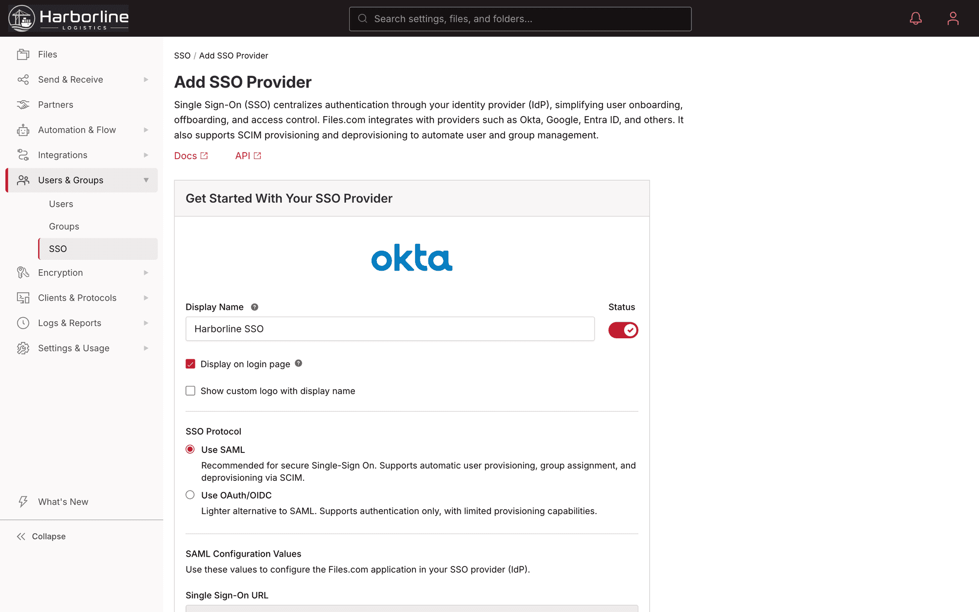 Adding Okta as an SSO provider in Files.com: naming the connection, choosing SAML, and copying the SAML configuration values into Okta