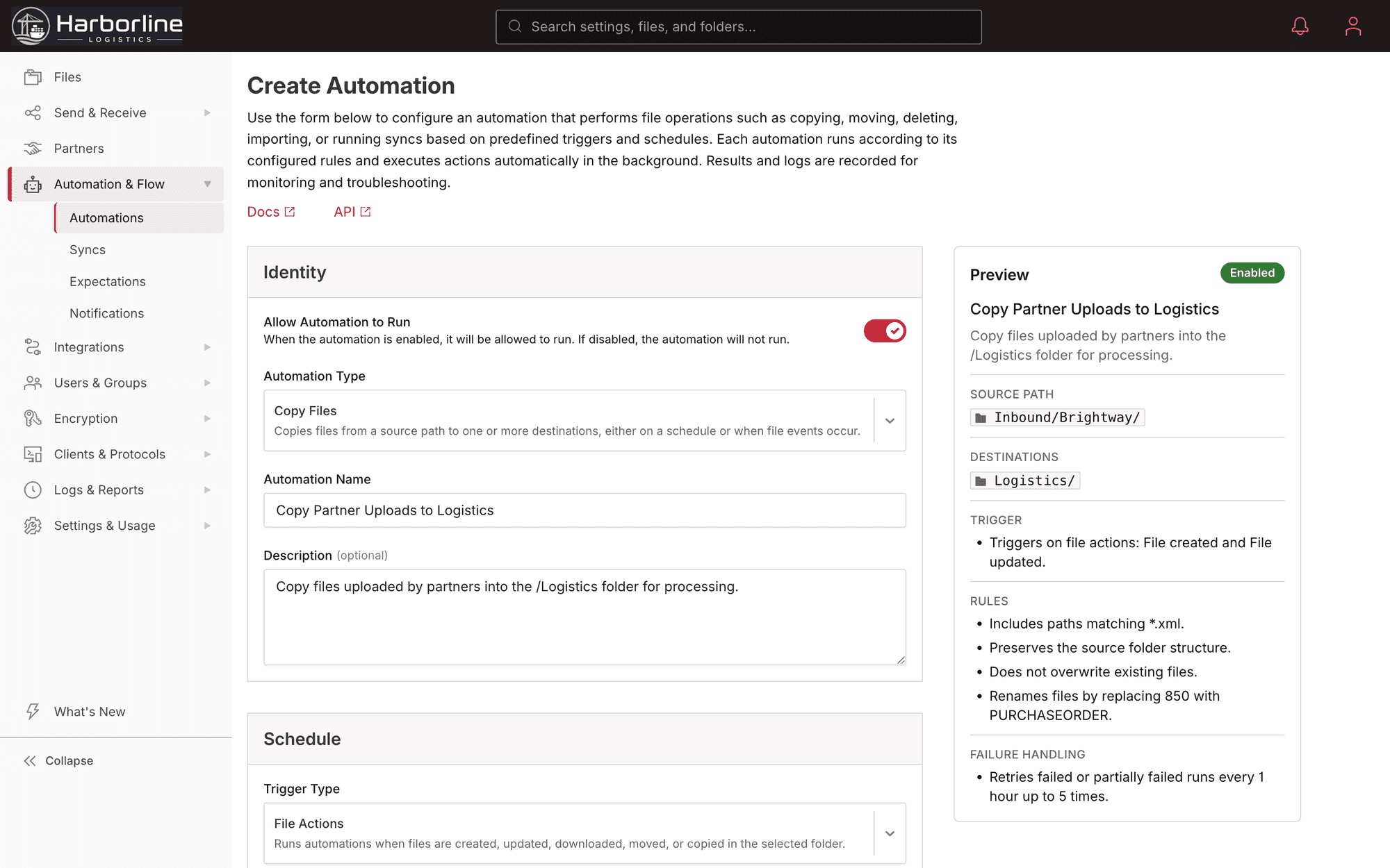The Files.com automation builder: a form for trigger, source, destination, filters, and schedule, with a live Preview panel summarizing exactly what the automation will do