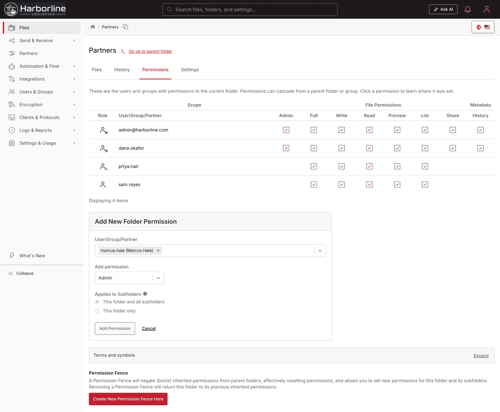A delegated workspace in Files.com: a team's own walled-off folders, users, and admin, separated from the rest of the site under one set of site-wide controls