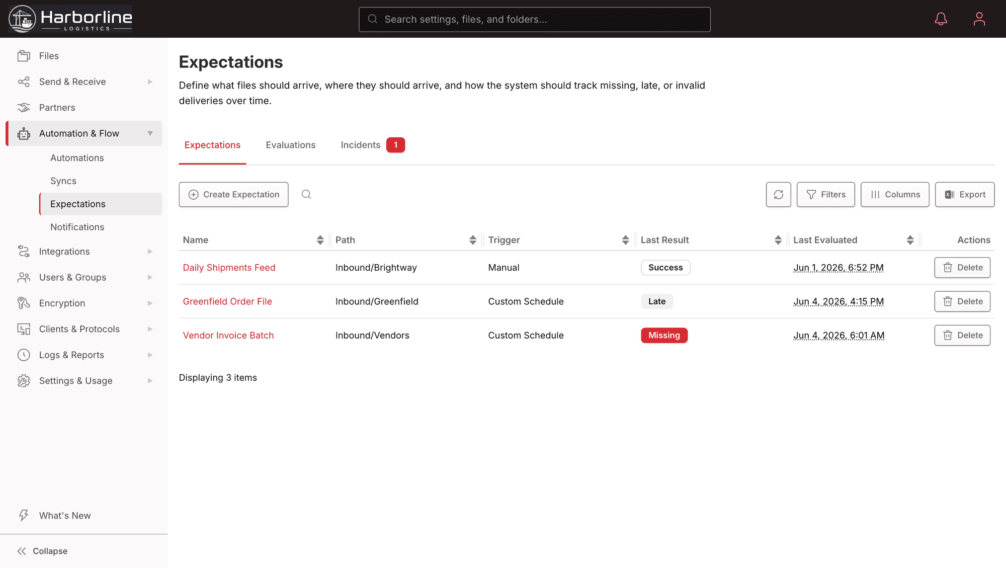 The Files.com Expectations dashboard: per-feed delivery windows showing on-time, late, missing, and invalid status against each deadline