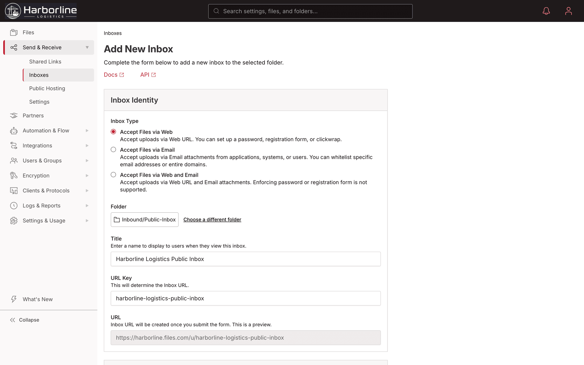 The Files.com inbox setup screen: an inbox with its branded upload URL, destination folder, and the custom form fields a sender fills in before uploading
