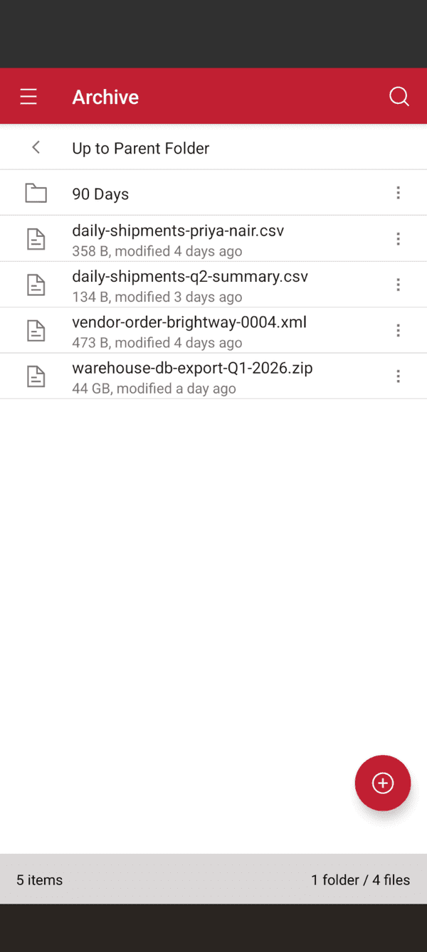 The same folder open in the Files.com app on Android, with matching file names, sizes, and modified dates