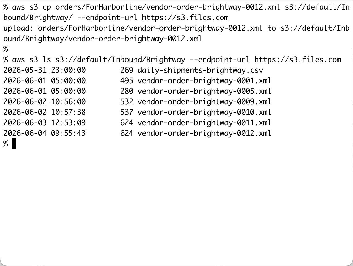A terminal running standard aws s3 CLI commands against the Files.com S3 endpoint: PUT, GET, and LIST working unchanged with an S3-compatible API key