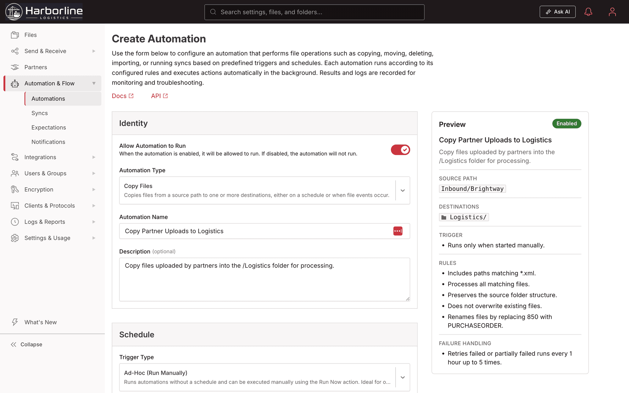 Create Automation in Files.com with the schedule set to Run Manually