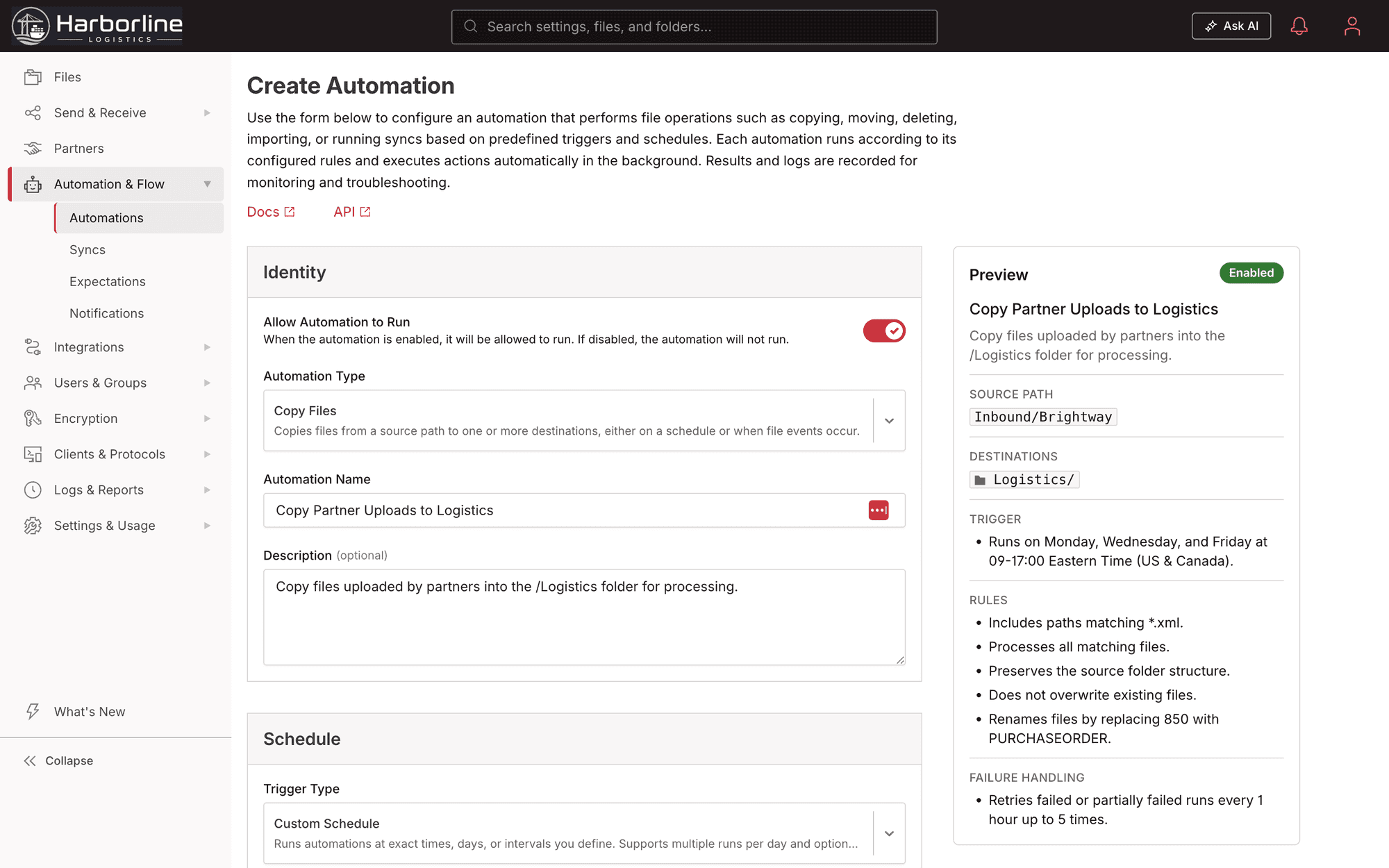 Create Automation in Files.com with the schedule set to Custom