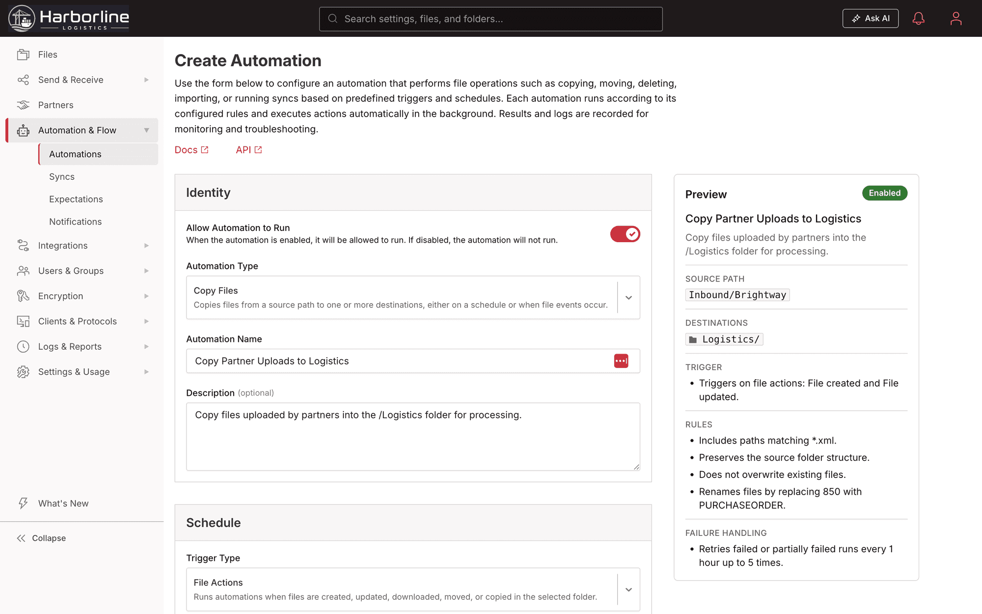 Create Automation in Files.com with the schedule set to On File Actions
