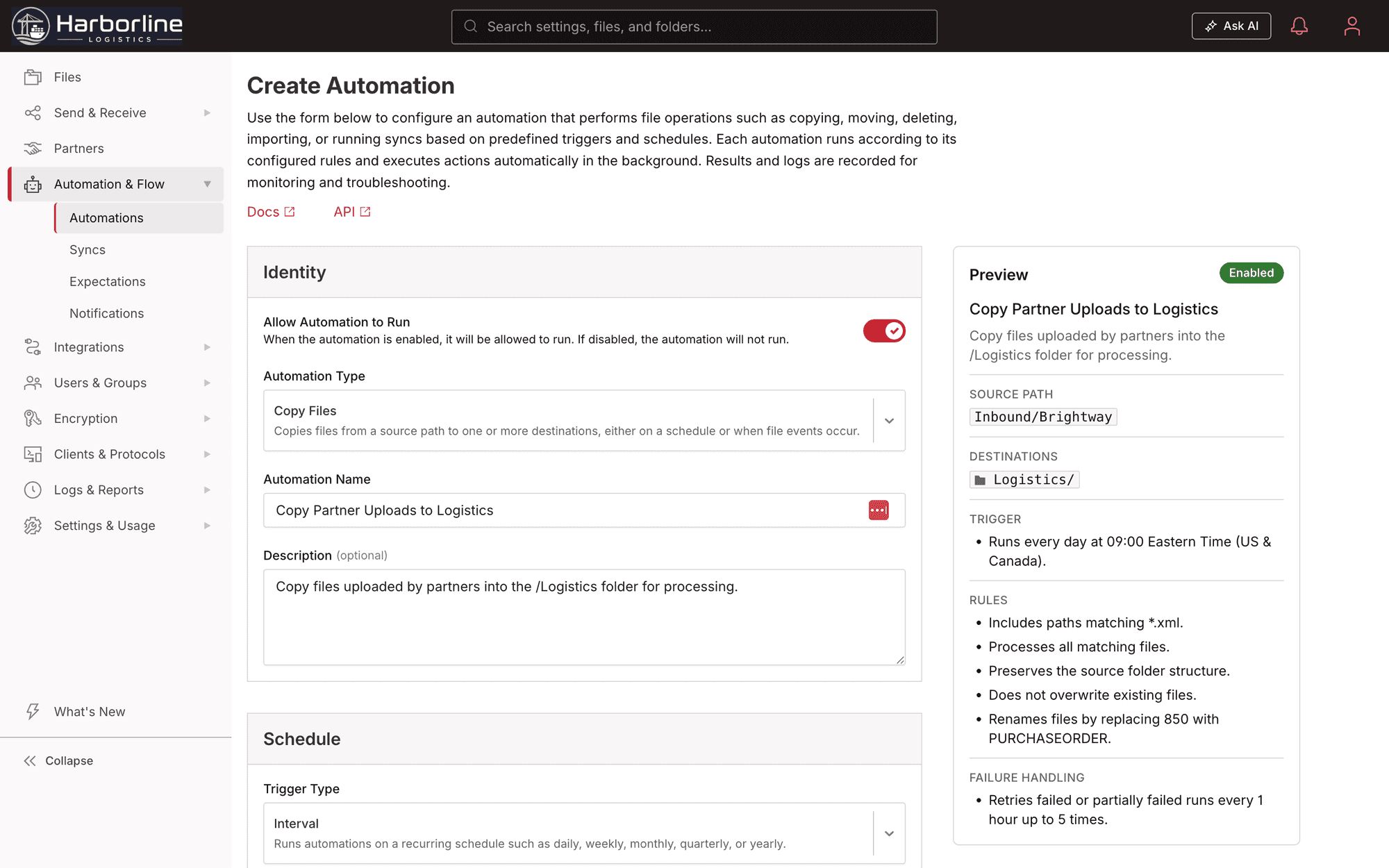 Create Automation in Files.com with the schedule set to Daily
