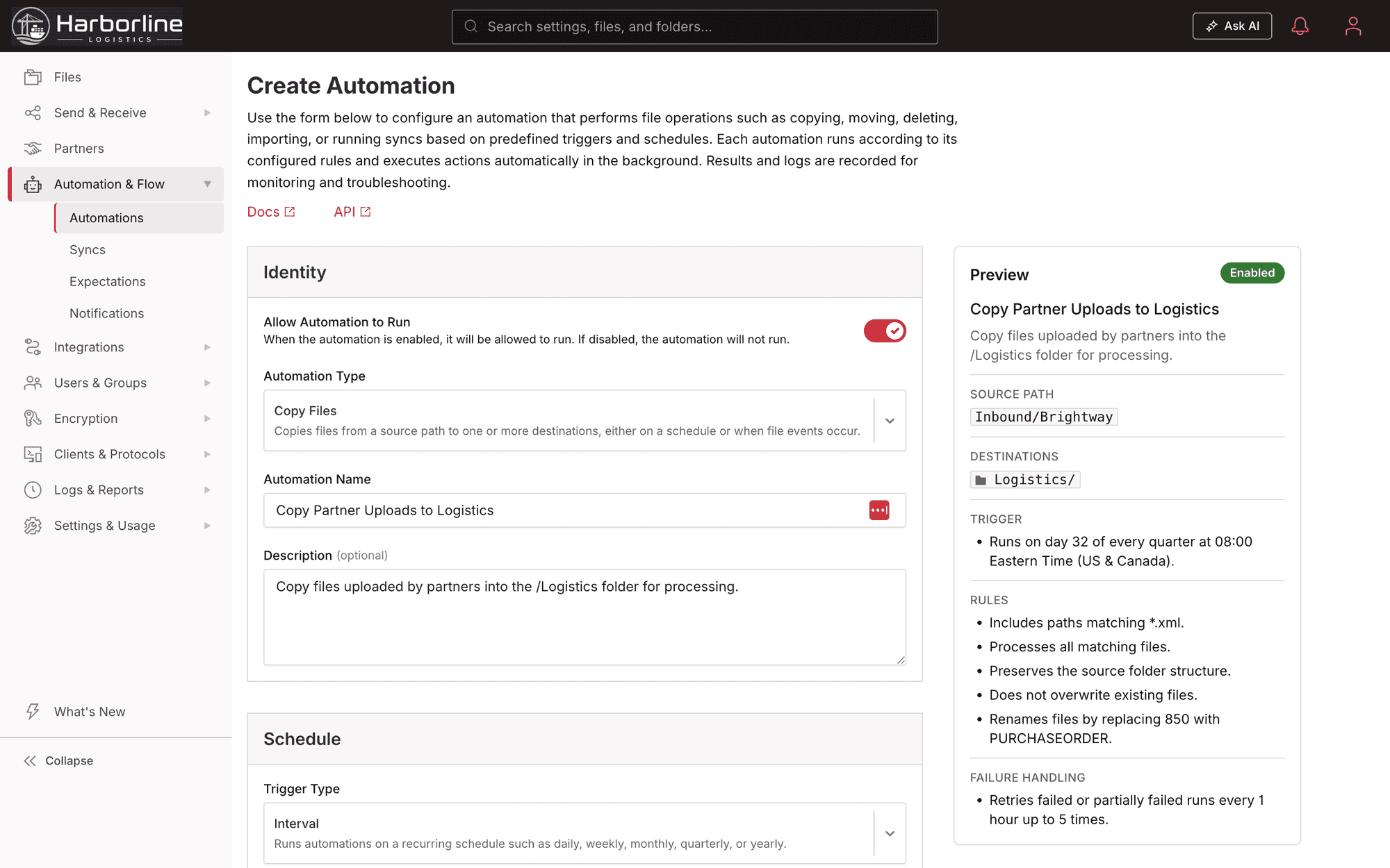 Create Automation in Files.com with the schedule set to Quarterly