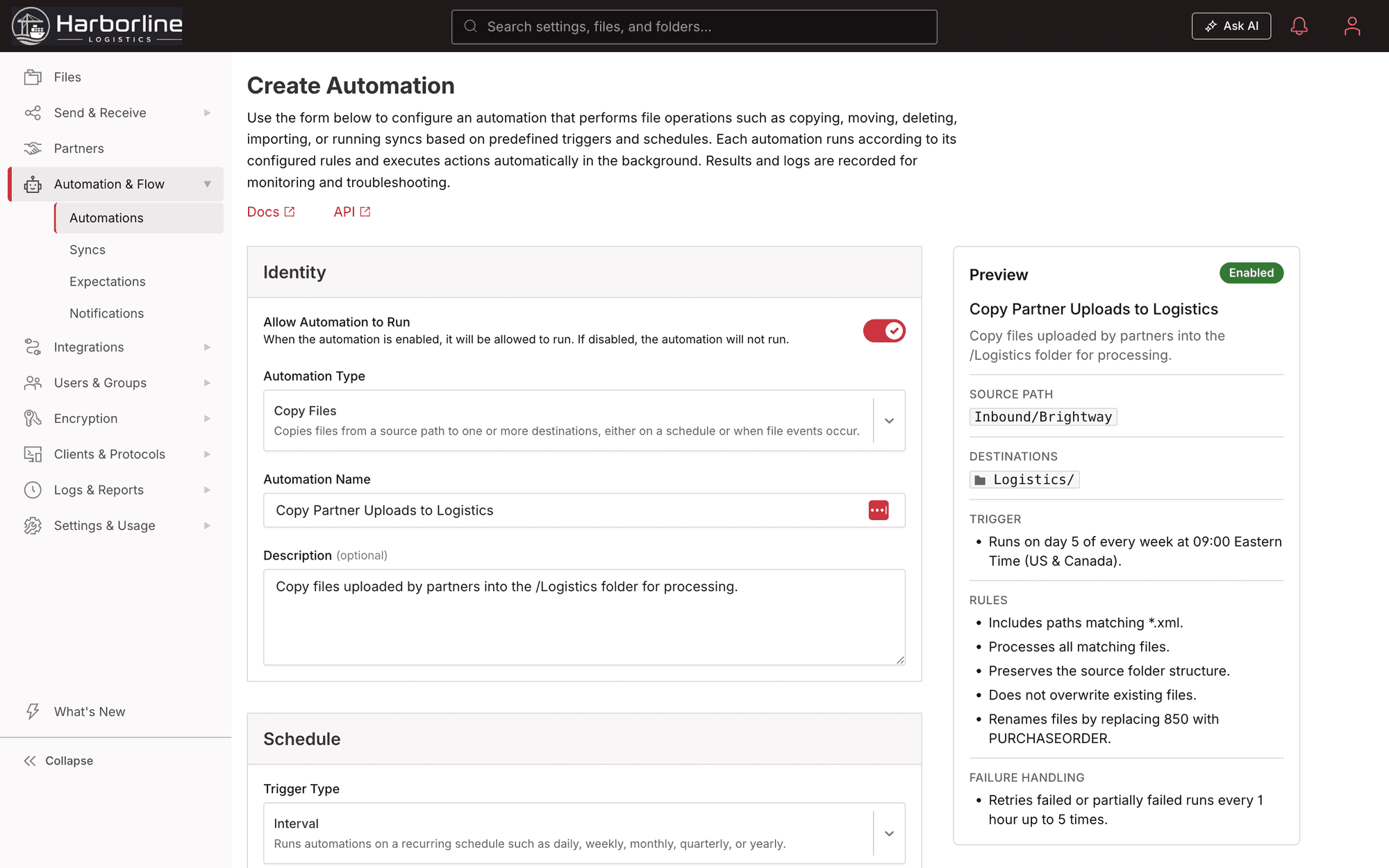 Create Automation in Files.com with the schedule set to Weekly