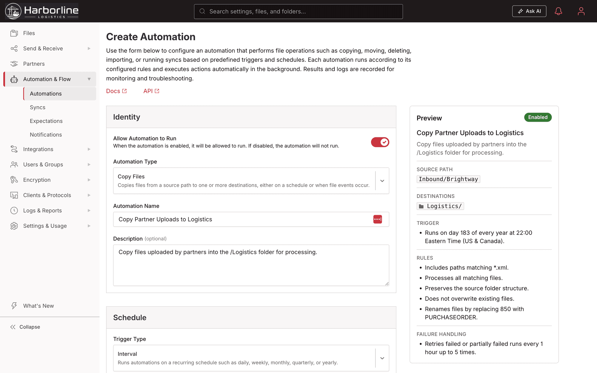 Create Automation in Files.com with the schedule set to Yearly