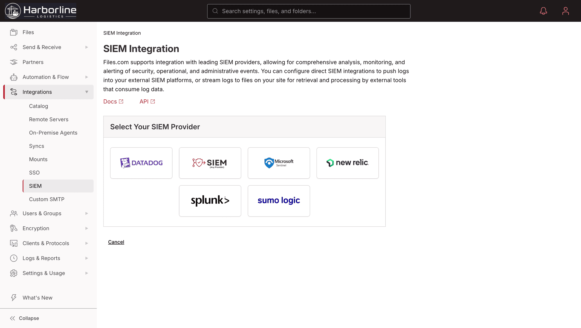 Choosing a SIEM provider in Files.com, with Datadog among the built-in options alongside Microsoft Sentinel, Splunk, New Relic, and Sumo Logic