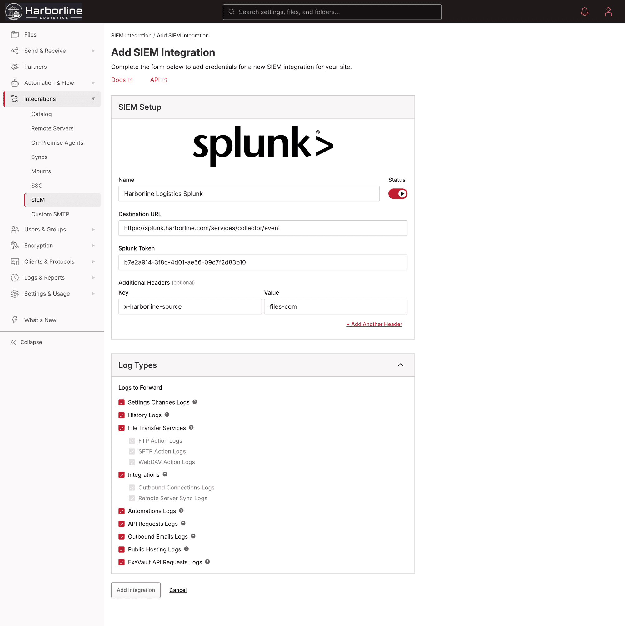 Configuring the Splunk SIEM integration in Files.com: the HTTP Event Collector destination URL, the Splunk token, and the log types to forward
