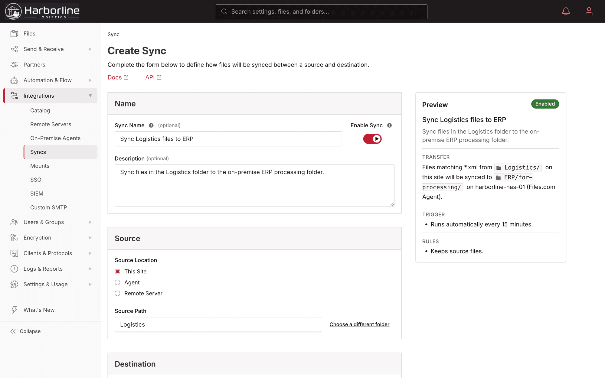 The Files.com sync configuration screen: source and destination, sync direction (push, pull, or two-way), schedule, and parallel-connection settings