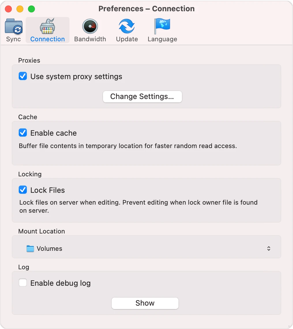 Connection Options for the desktop app.