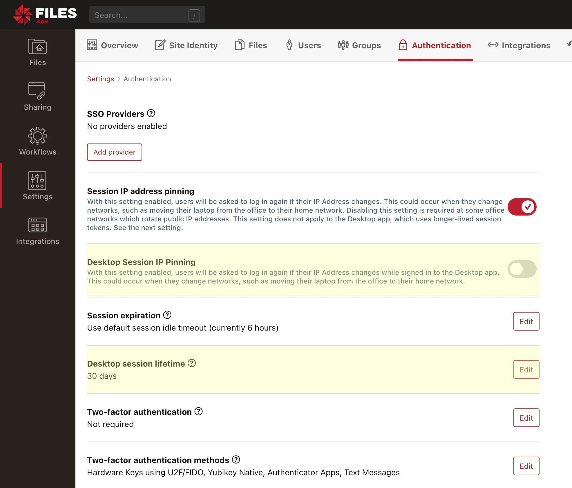Screenshot that shows expiring sessions via settings page.