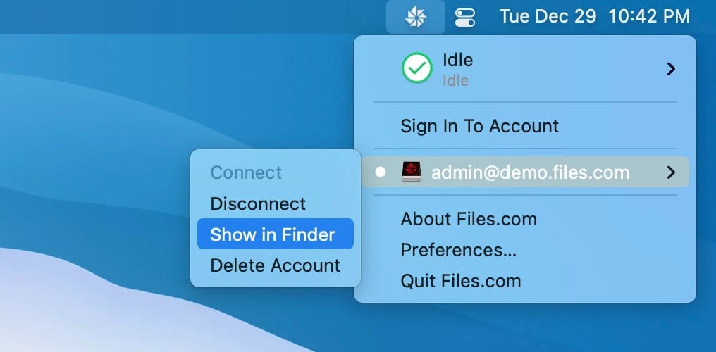 Showing account in finder in desktop application.