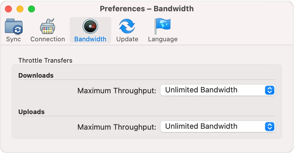 Bandwidth options in the desktop app.